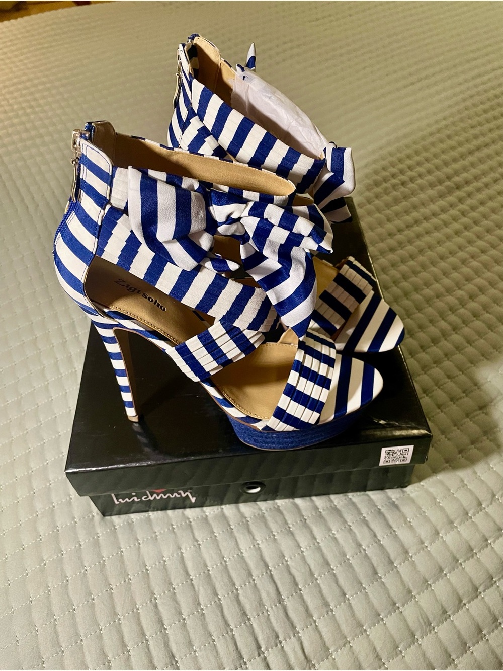 Luichiny Blue & White Striped Bow High Heel Sandals
